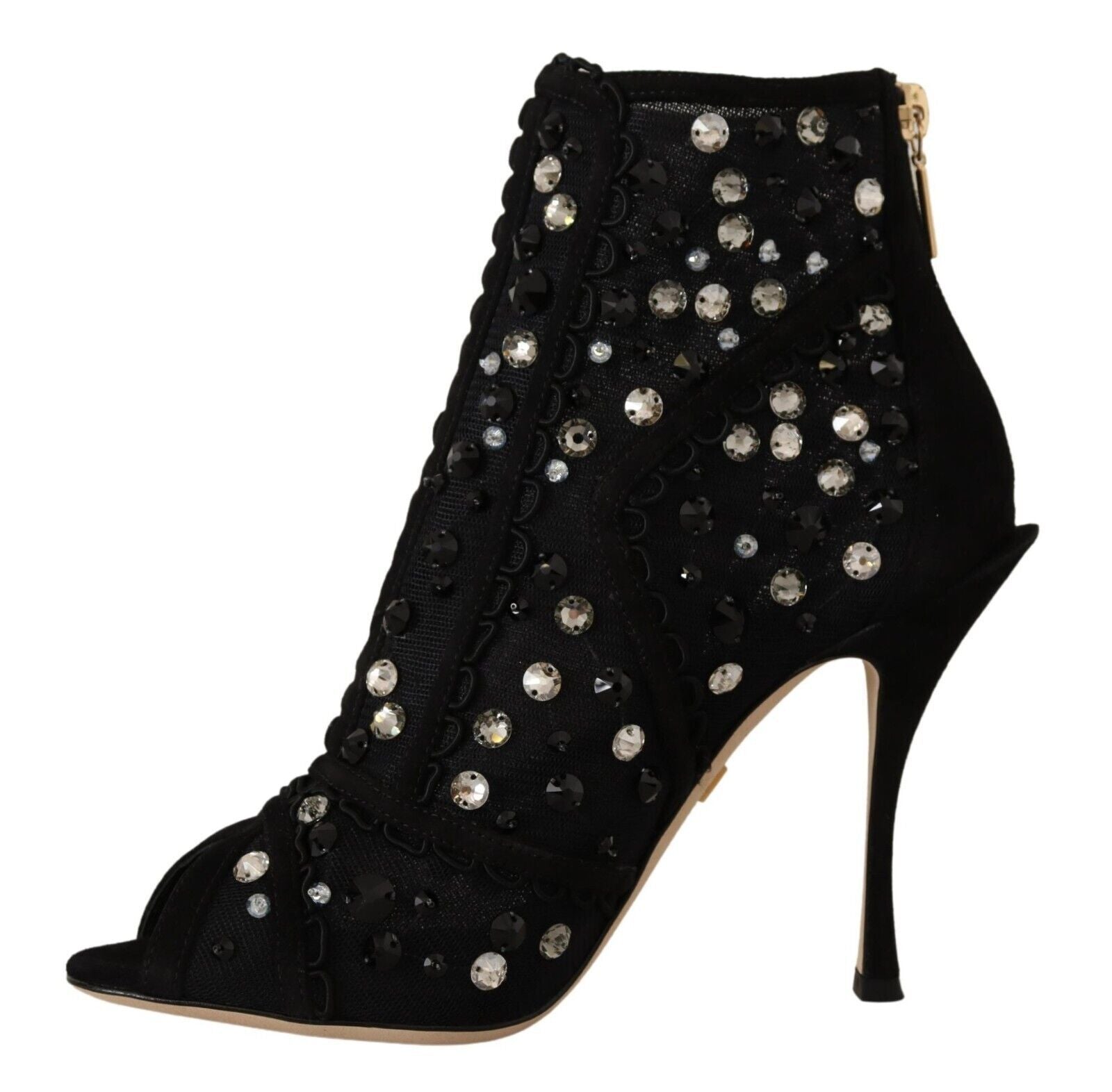 Black high heel boot with sparkling embellishments and a pointed toe