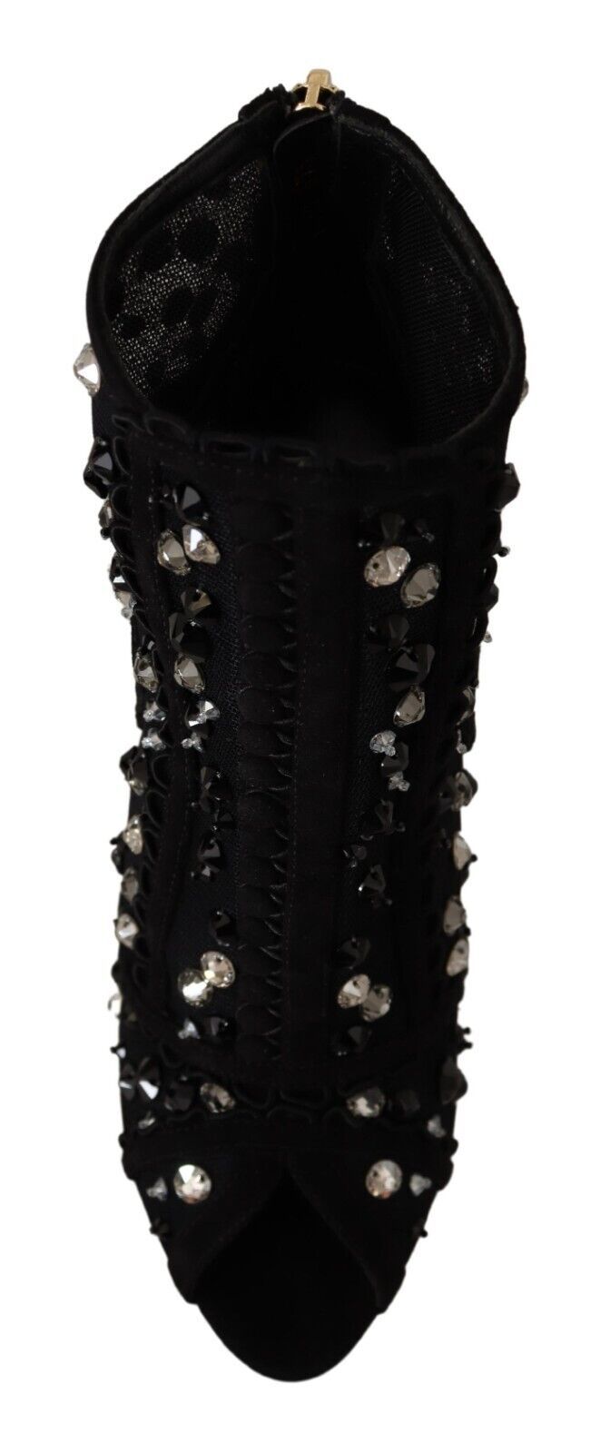Black velvet boot with embellishments and rhinestones