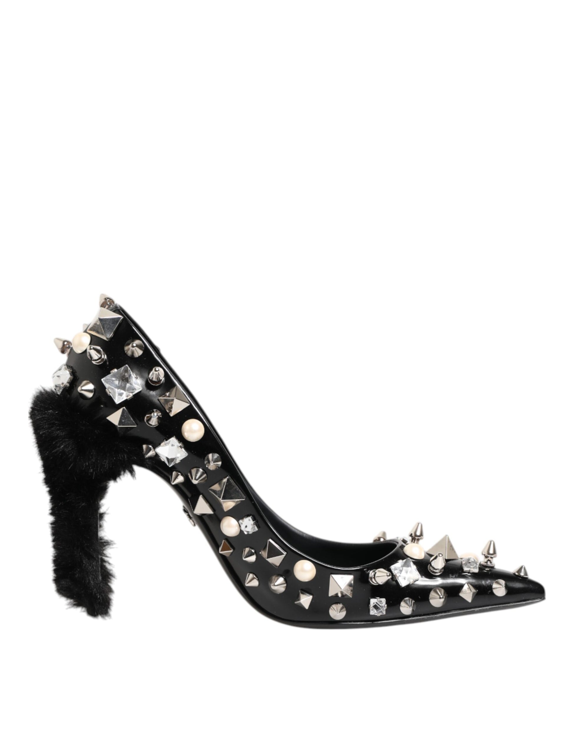 Black high heel shoe with fur trim and studs