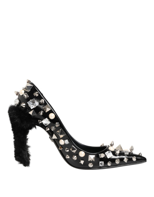 Black high heel shoe with fur trim and studs