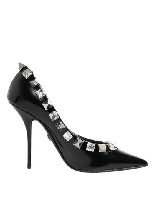Black high heel shoe with studded detailing on vamp