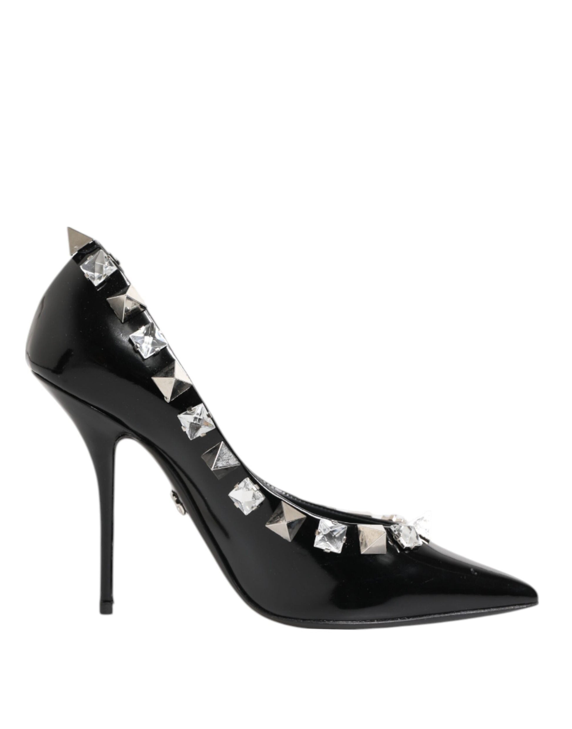 Black high heel shoe with studded detailing on toe