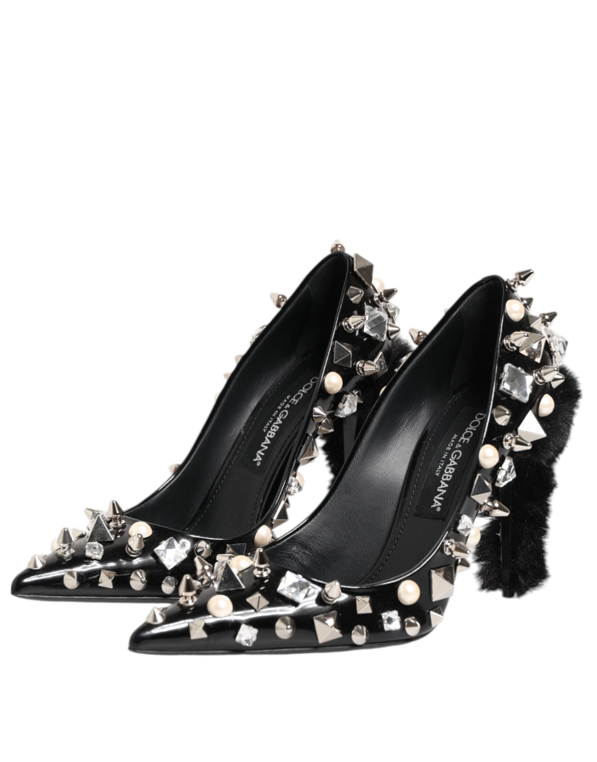 Black high heel shoes with studs and fringe details