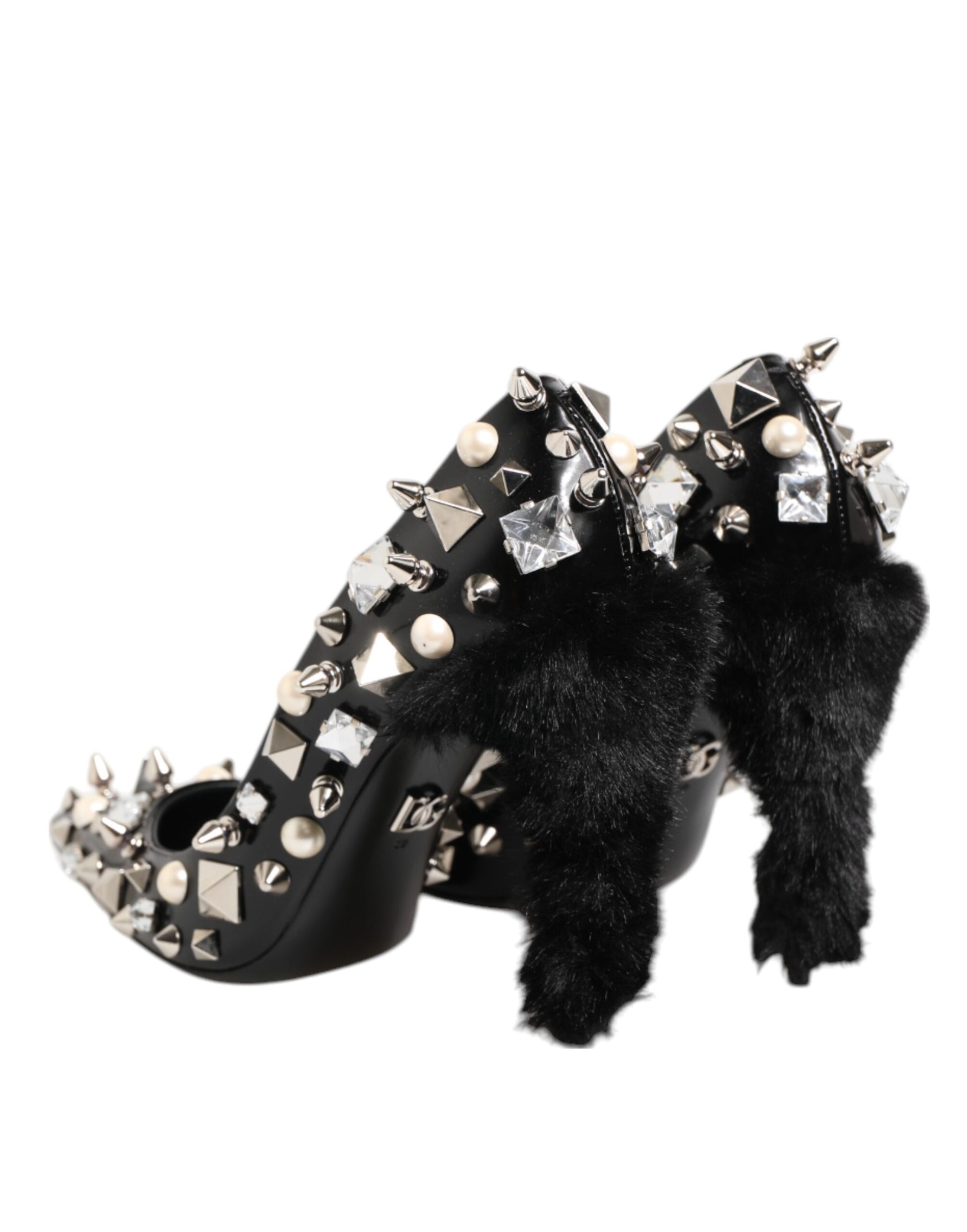 High heel shoes with fur trim and studs