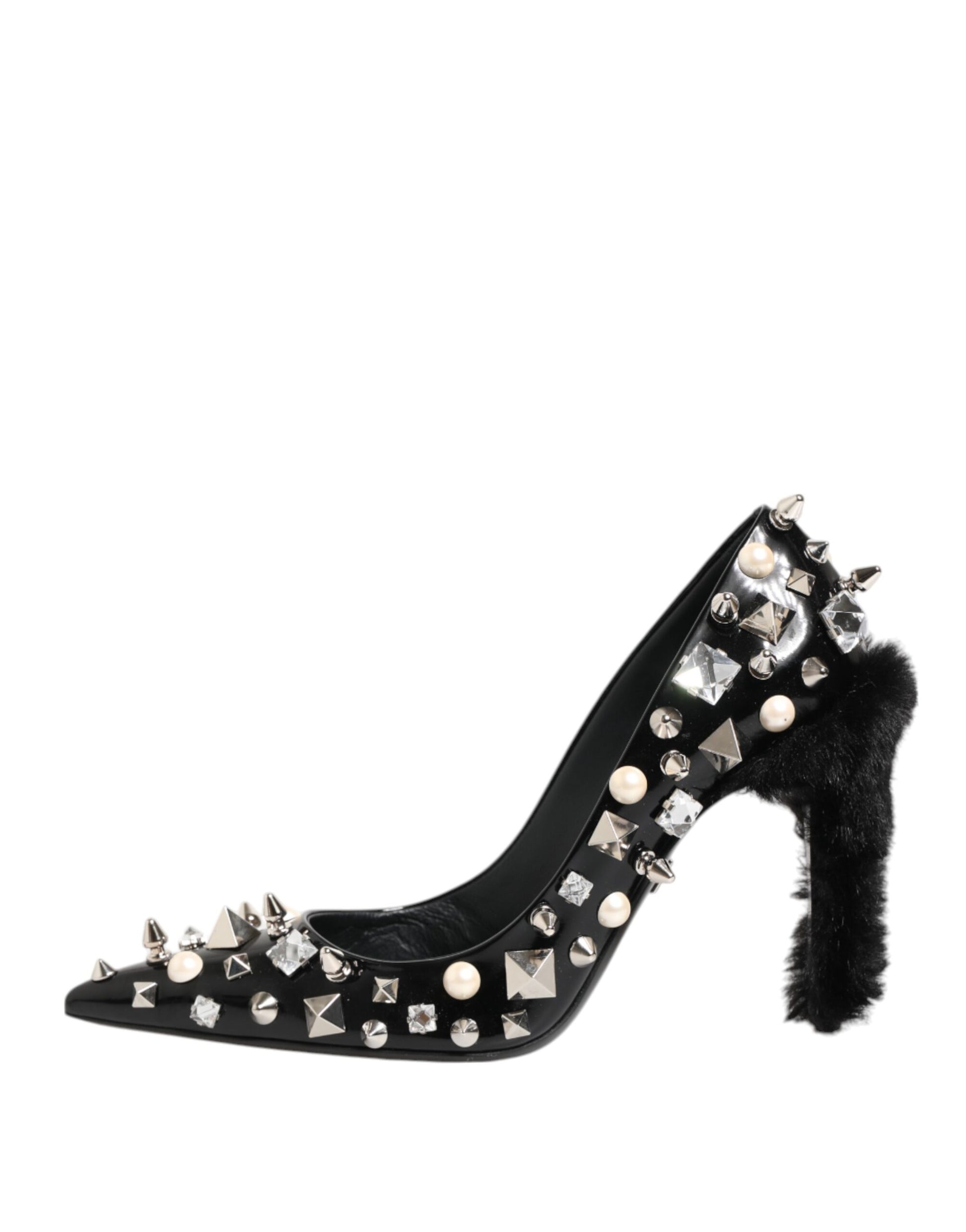 Black high heel shoe with studs and fur trim