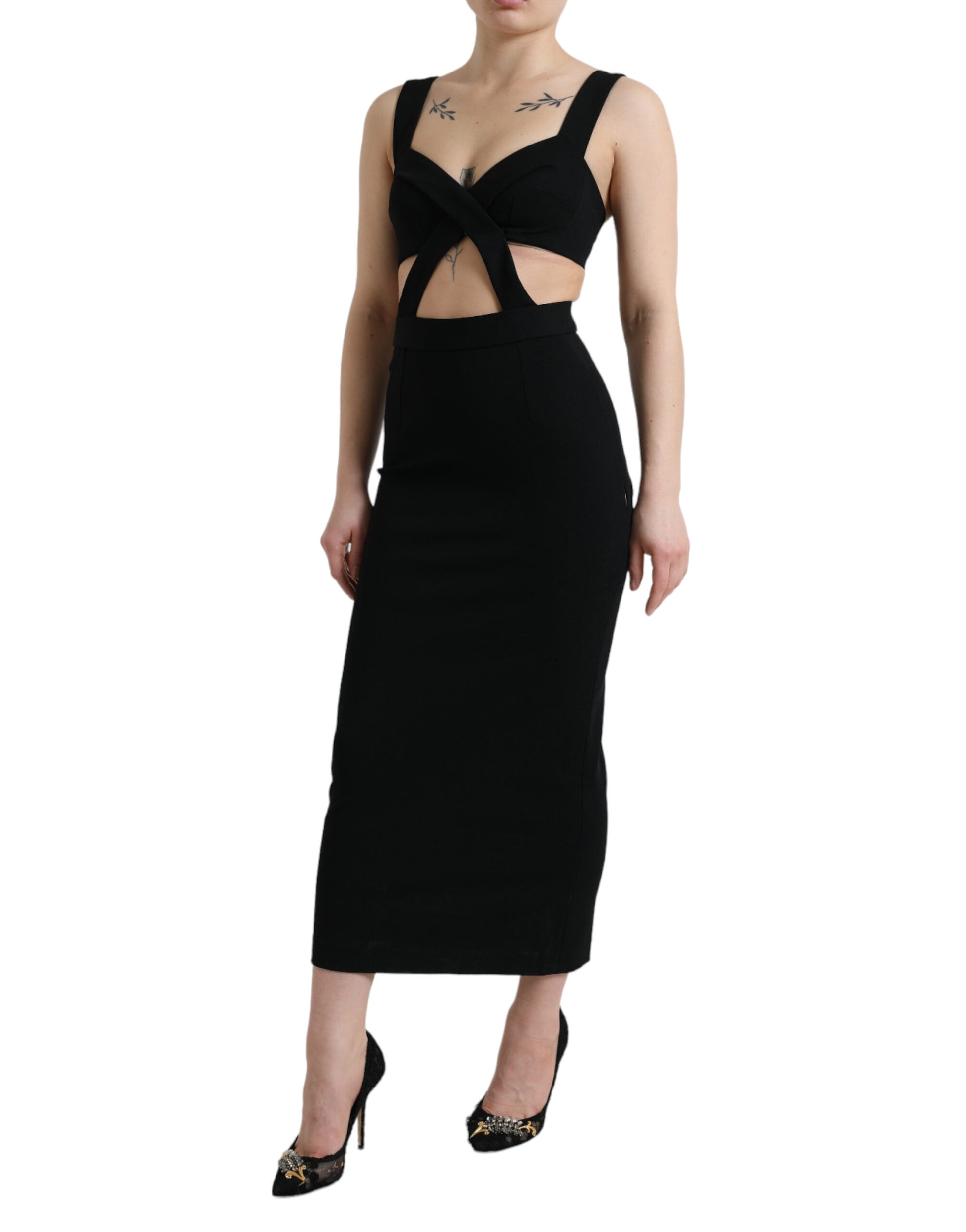 A black cut-out sleeveless bodycon midi dress from Dolce & Gabbana