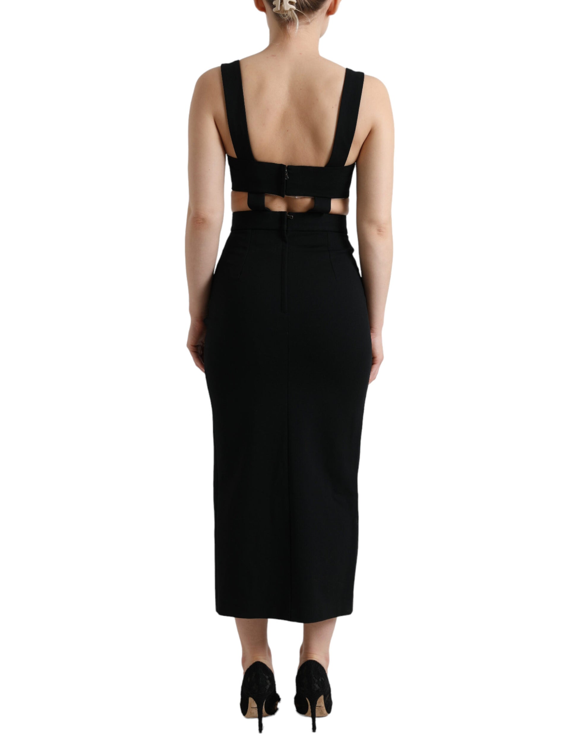 A black cut out sleeveless bodycon midi dress from Dolce & Gabbana