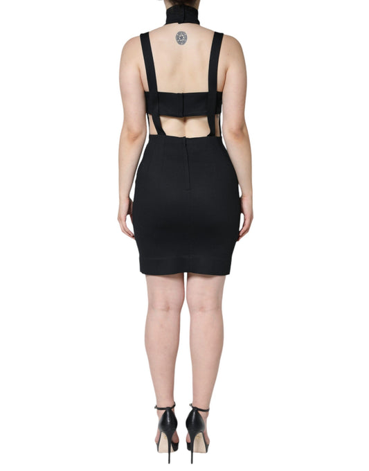 A black cut-out sleeveless bodycon mini dress with a high neckline and backless design