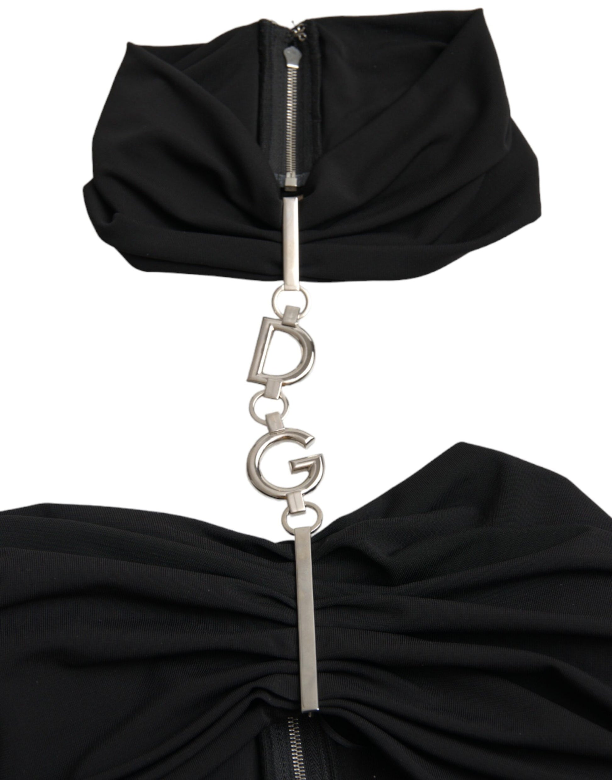 A black cut out sleeveless bodycon mini dress with a silver zipper pull