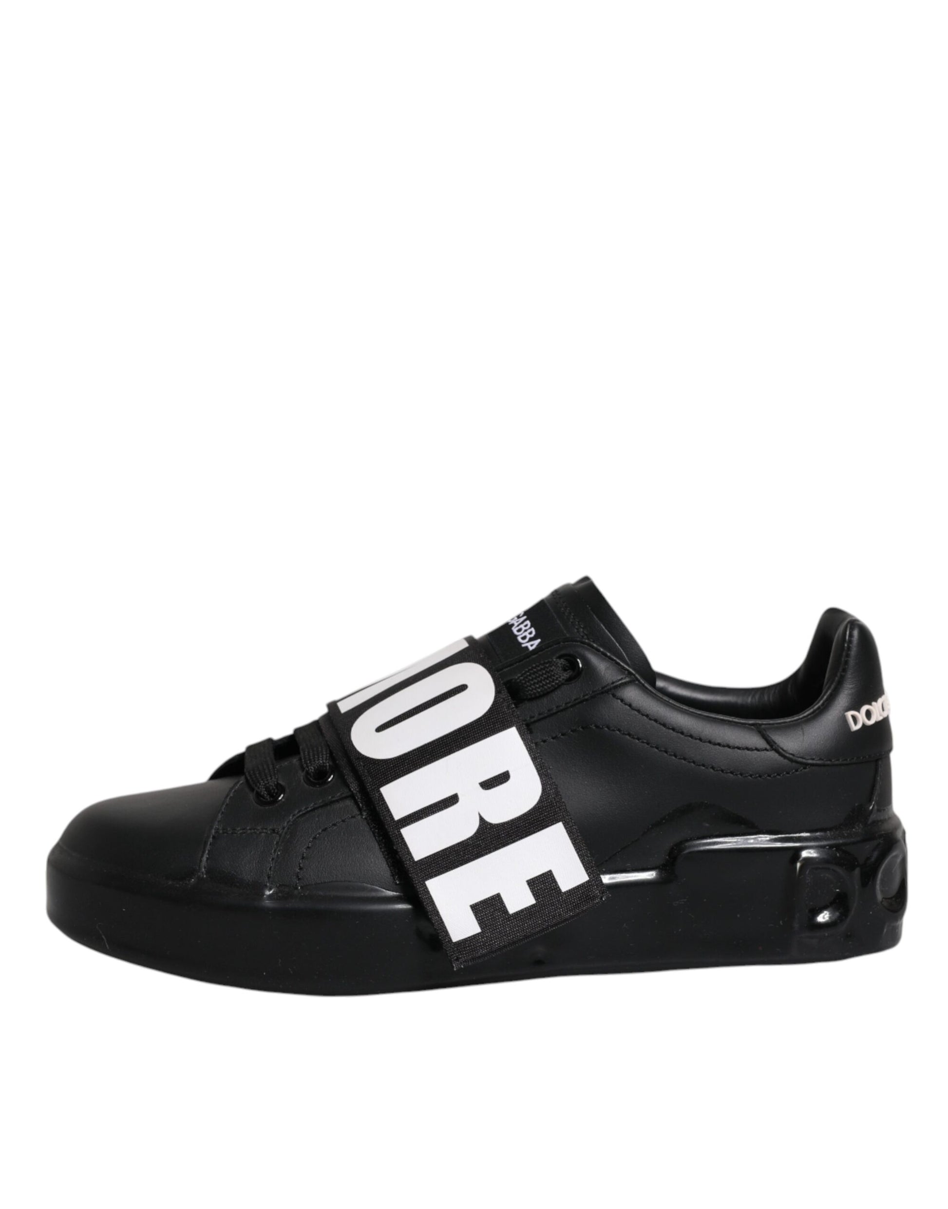 Black sneaker with white text and design elements