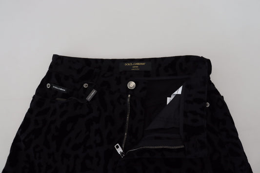 Black leopard print jeans with zippered pockets