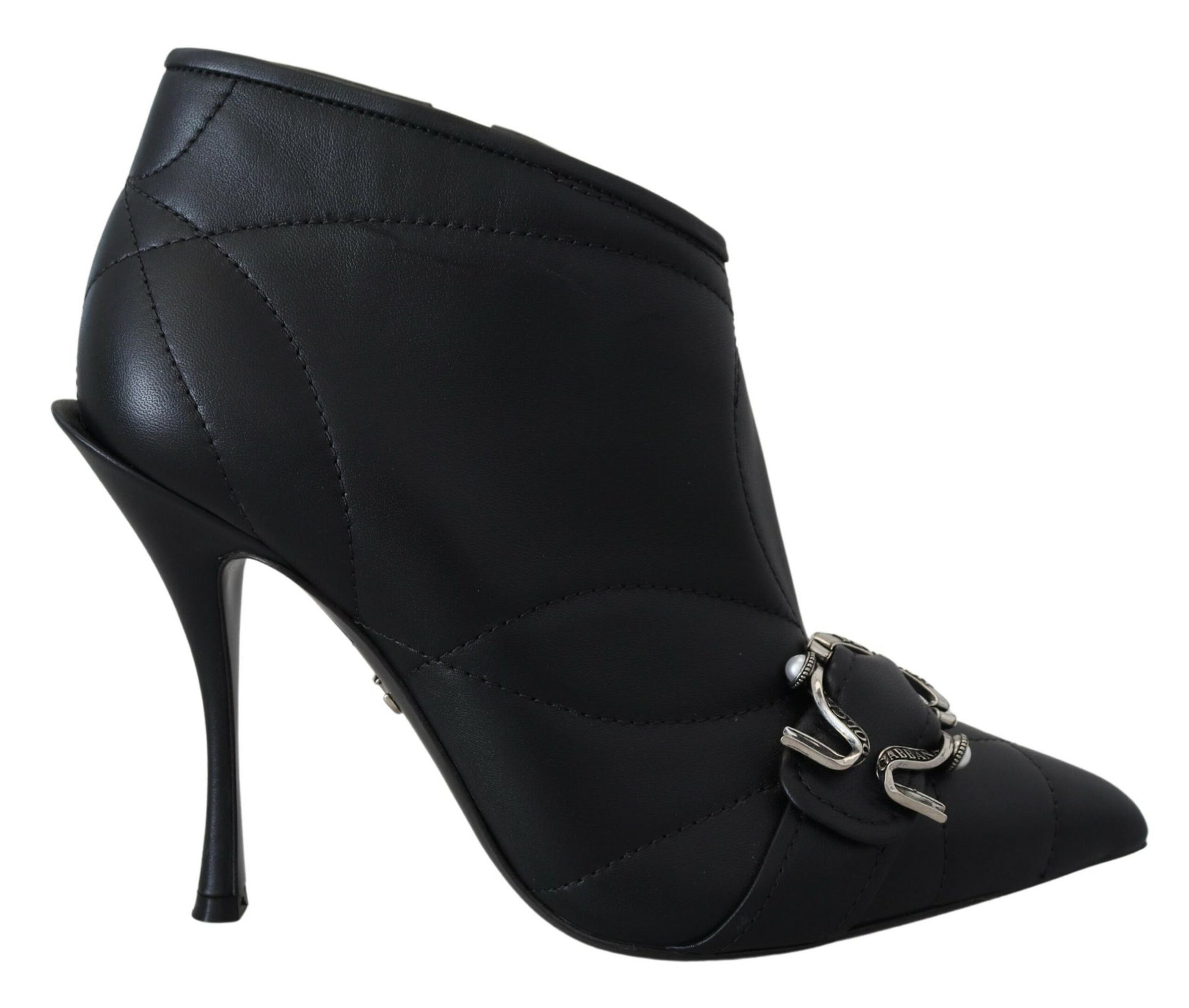 Black leather ankle boot with stiletto heel and buckle detailing