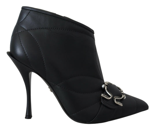 Black leather ankle boot with stiletto heel and buckle detailing