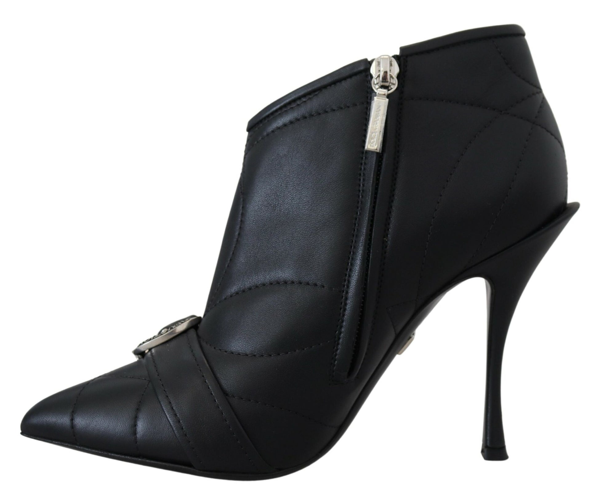 Black leather ankle boot with zipper detail and high heel