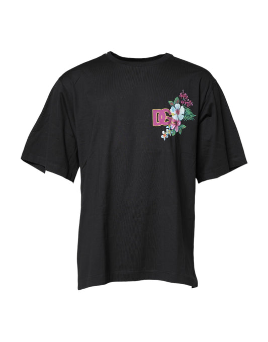 Black short sleeve t-shirt with floral design on back