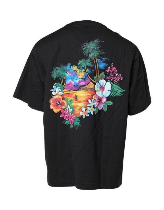 Black t-shirt with tropical print on back