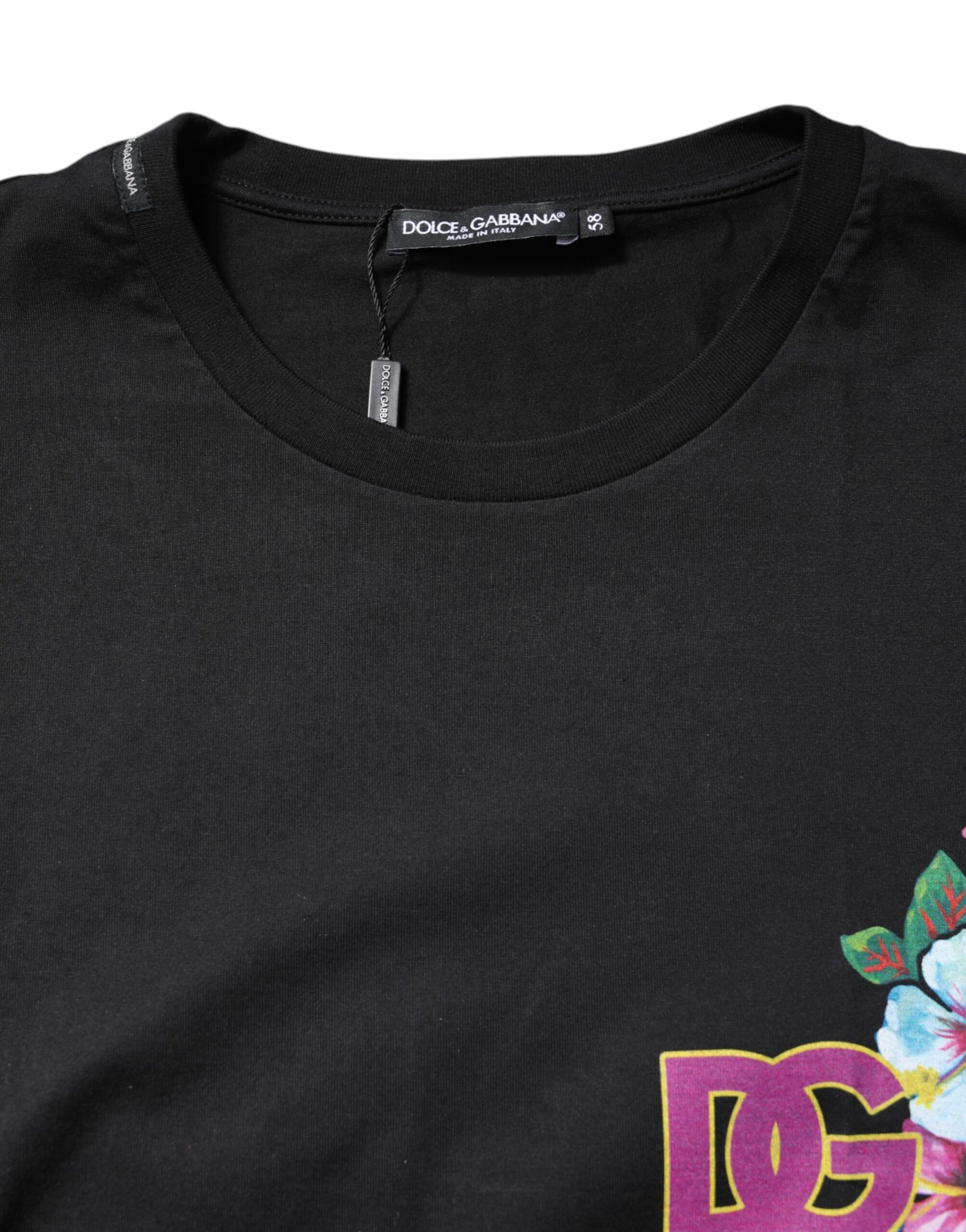 Black t-shirt with floral design on front