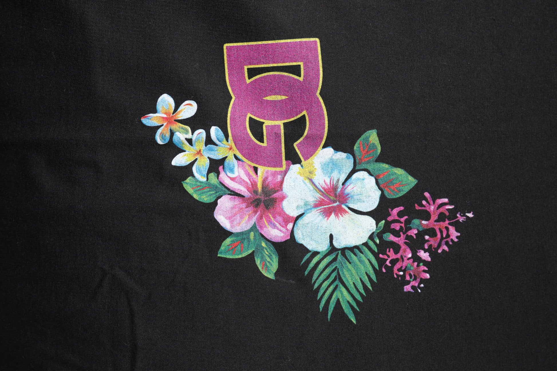 Embroidered floral design on black fabric