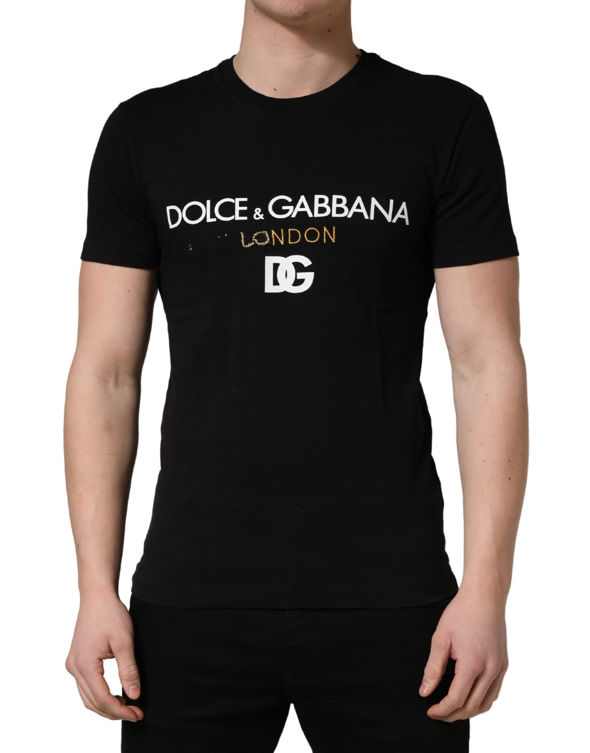 Black t-shirt with white lettering featuring brand names