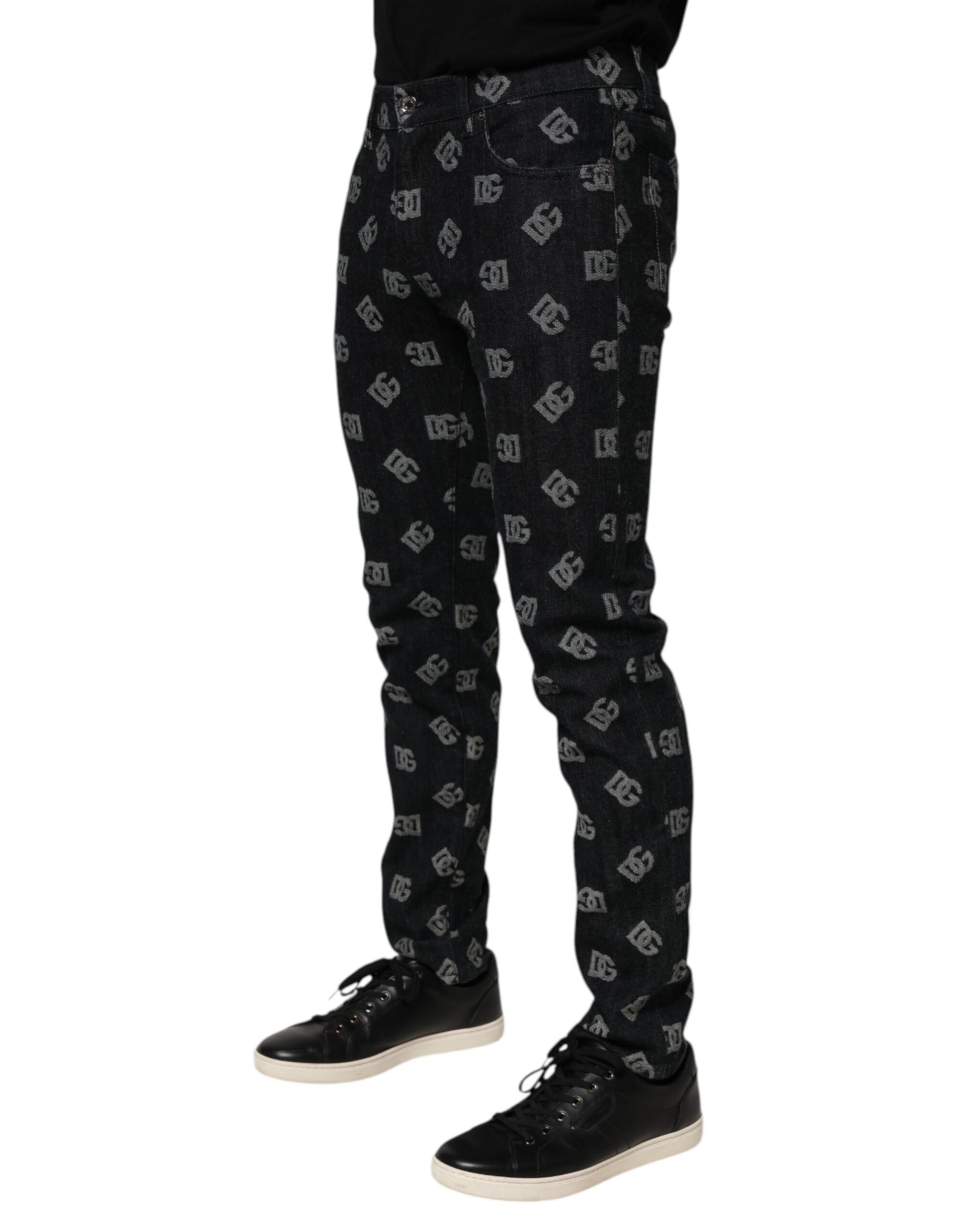 Man wearing black shoes and pants with white pattern