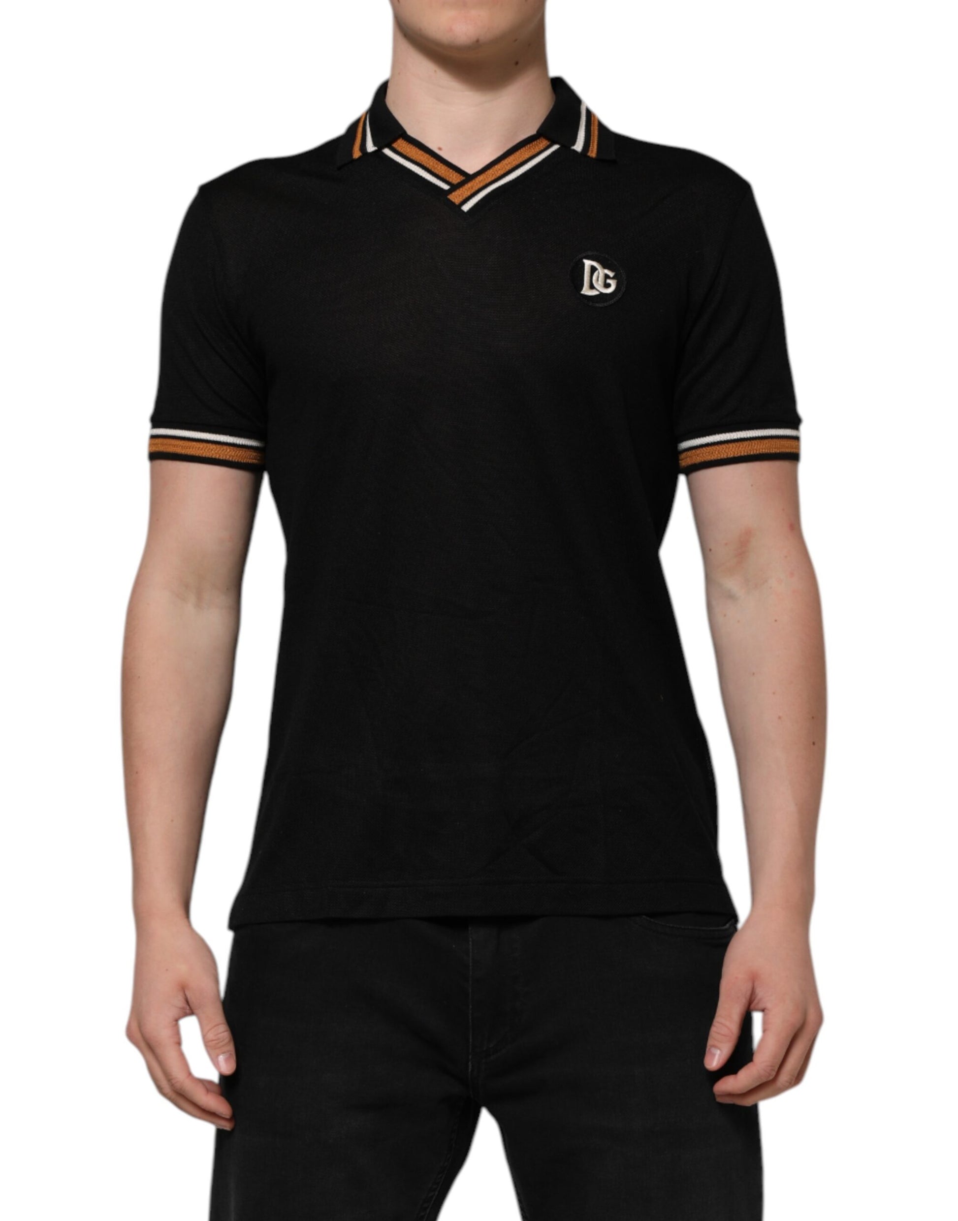 Black polo shirt with orange stripes on sleeves
