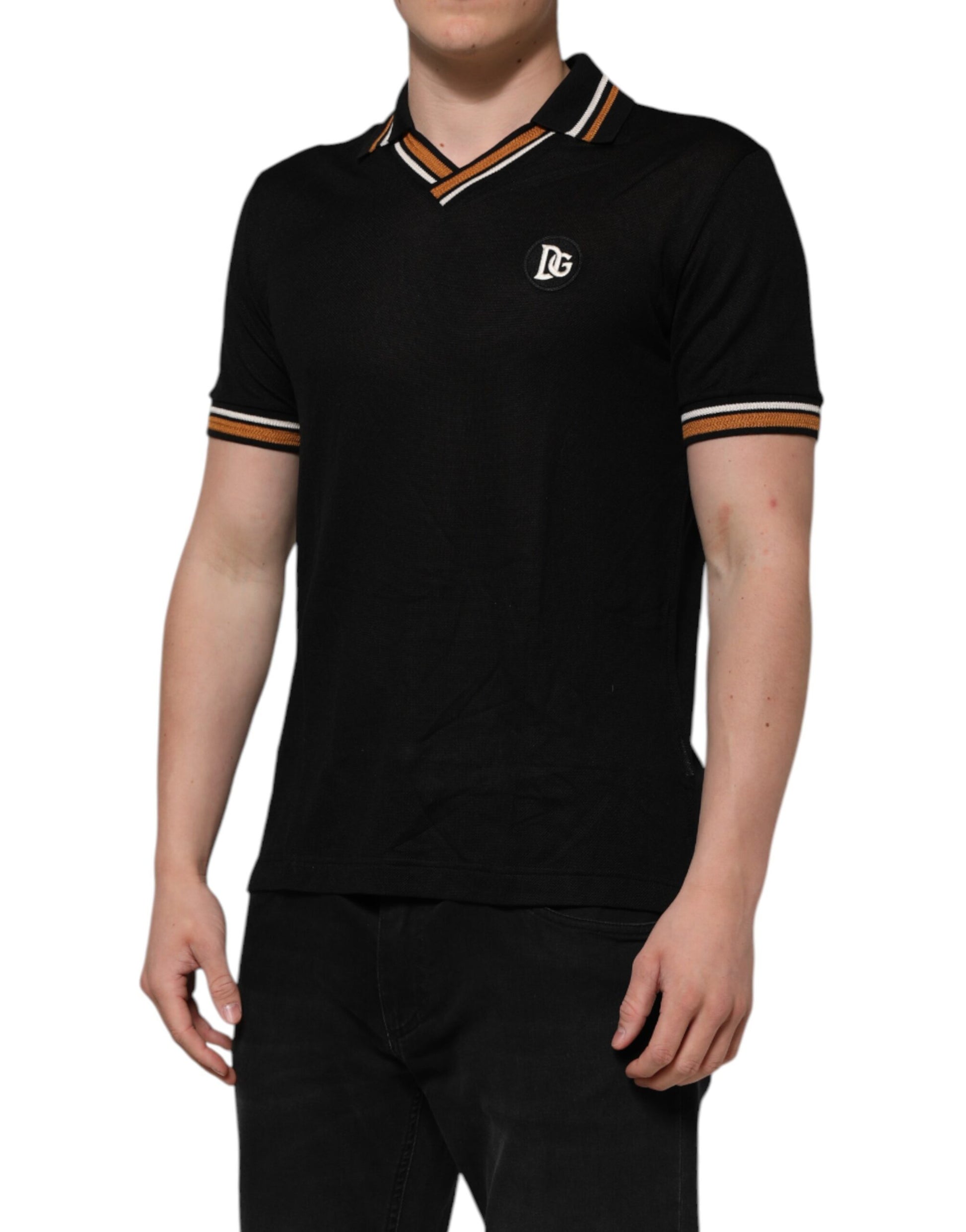 Black polo shirt with orange stripes on sleeves