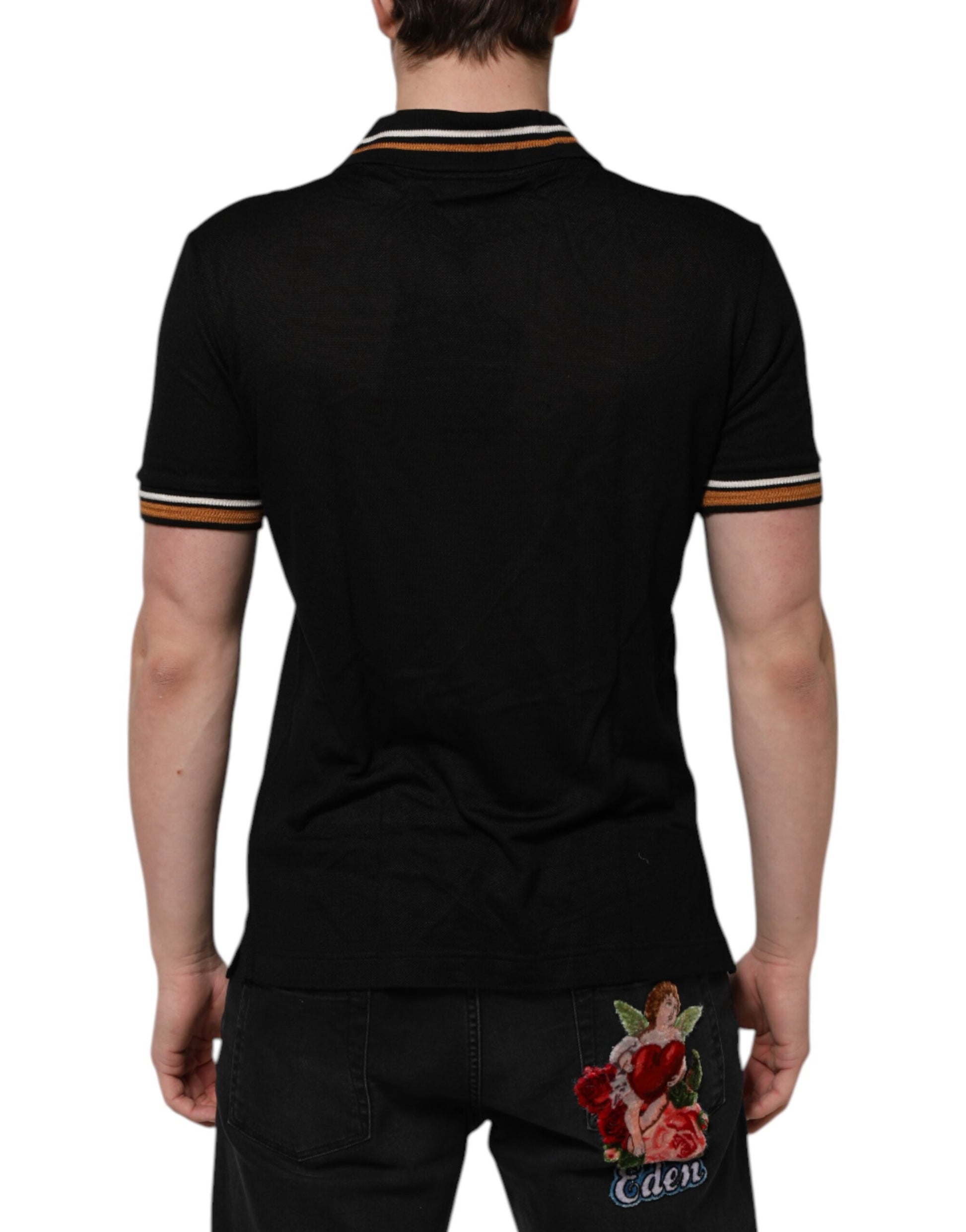 Black polo shirt with orange stripes on sleeves
