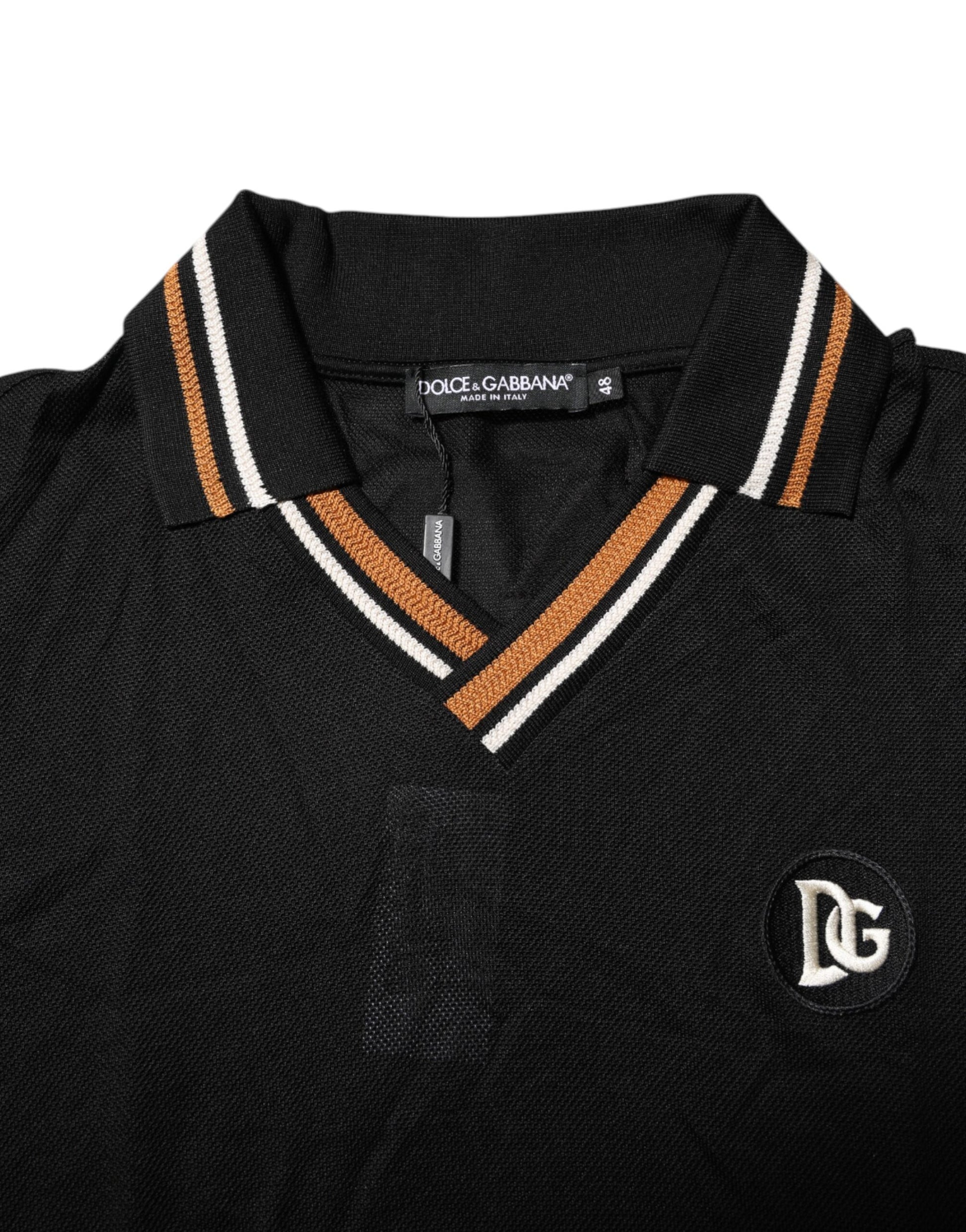 Black polo shirt with orange stripe on collar