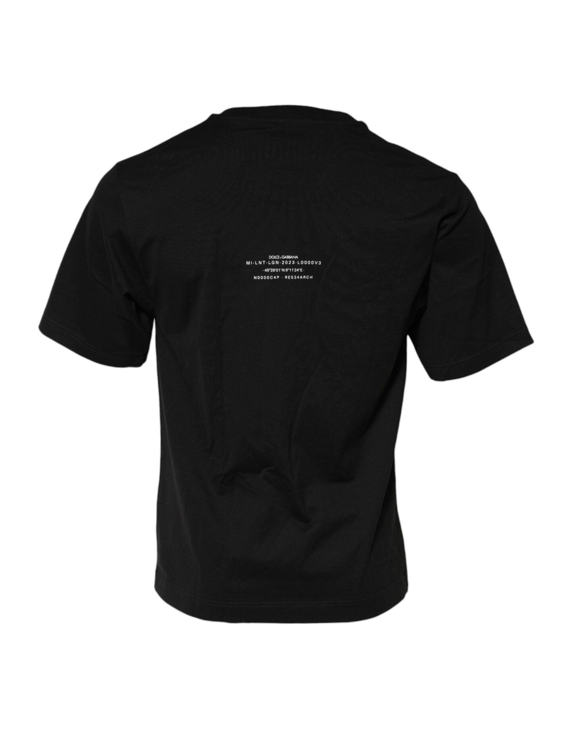 Black t-shirt with white lettering on back