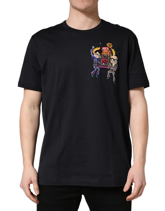 Black t-shirt with graphic design on front
