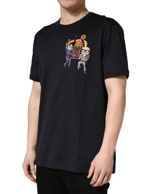 Black t-shirt with colorful graphic print on front