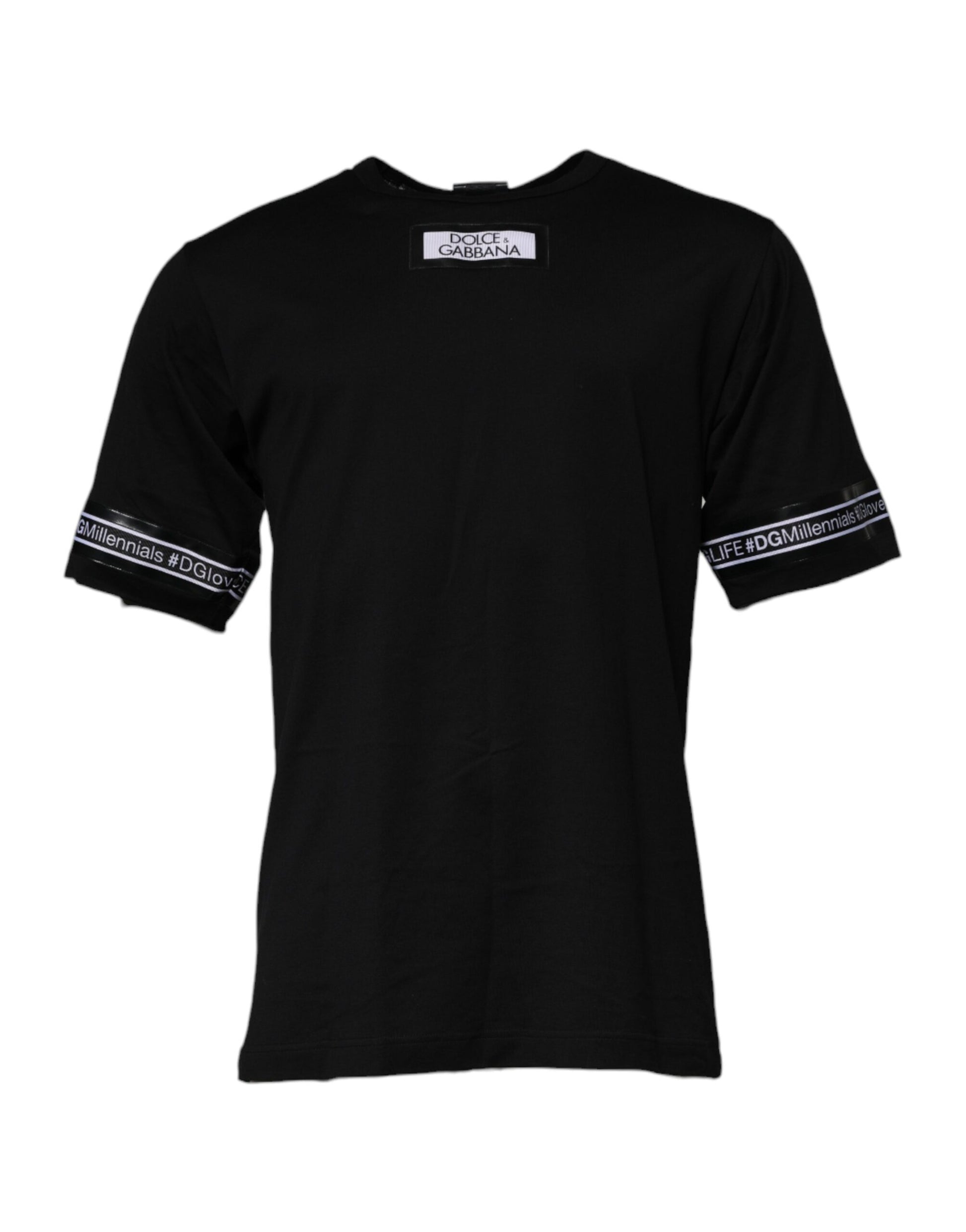 Black short sleeve t-shirt with white trim on neckline