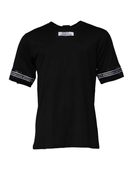 Black short sleeve t-shirt with white trim on neckline