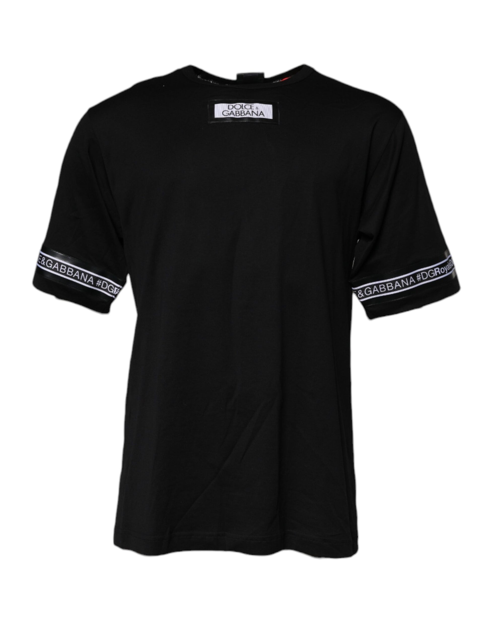 Black short sleeve t-shirt with white stripes on sleeves