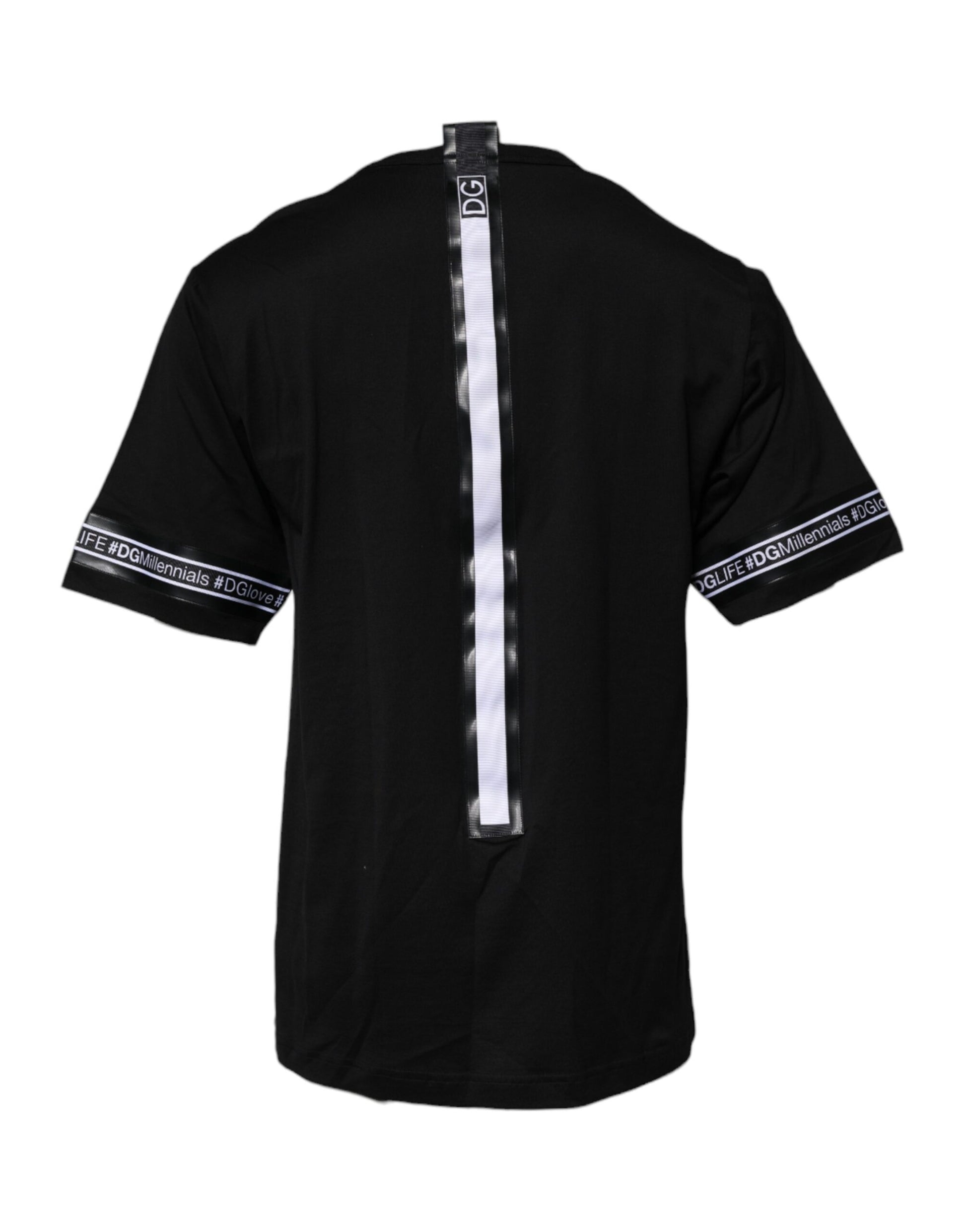 Black short sleeve shirt with white stripe on back