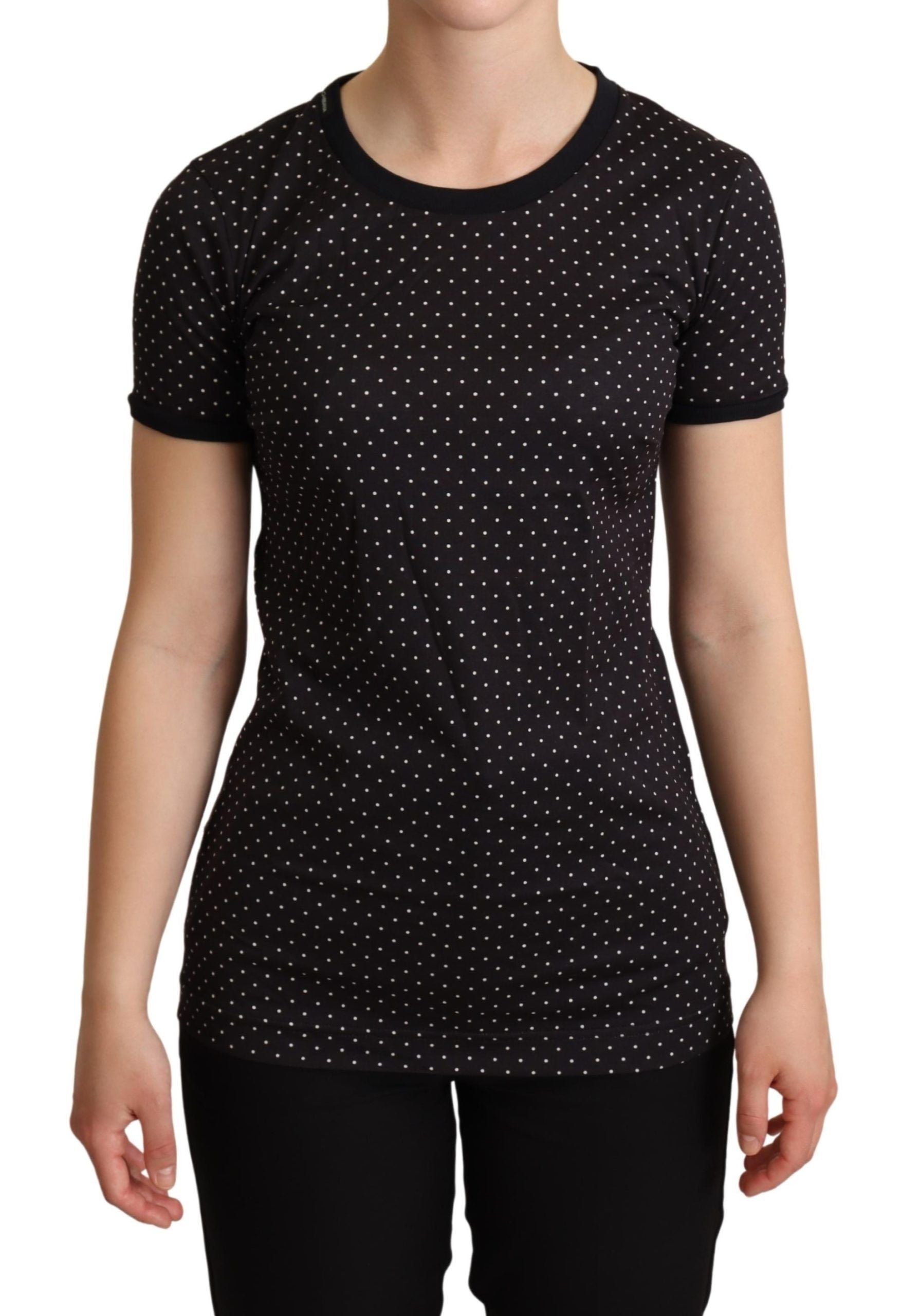 Black short sleeve shirt with white polka dots