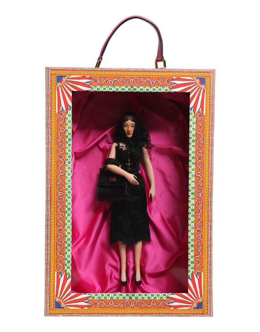 A porcelain doll wearing a black dress with a leather purse