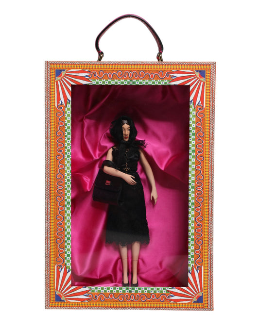 A porcelain doll wearing a black dress with a leather purse