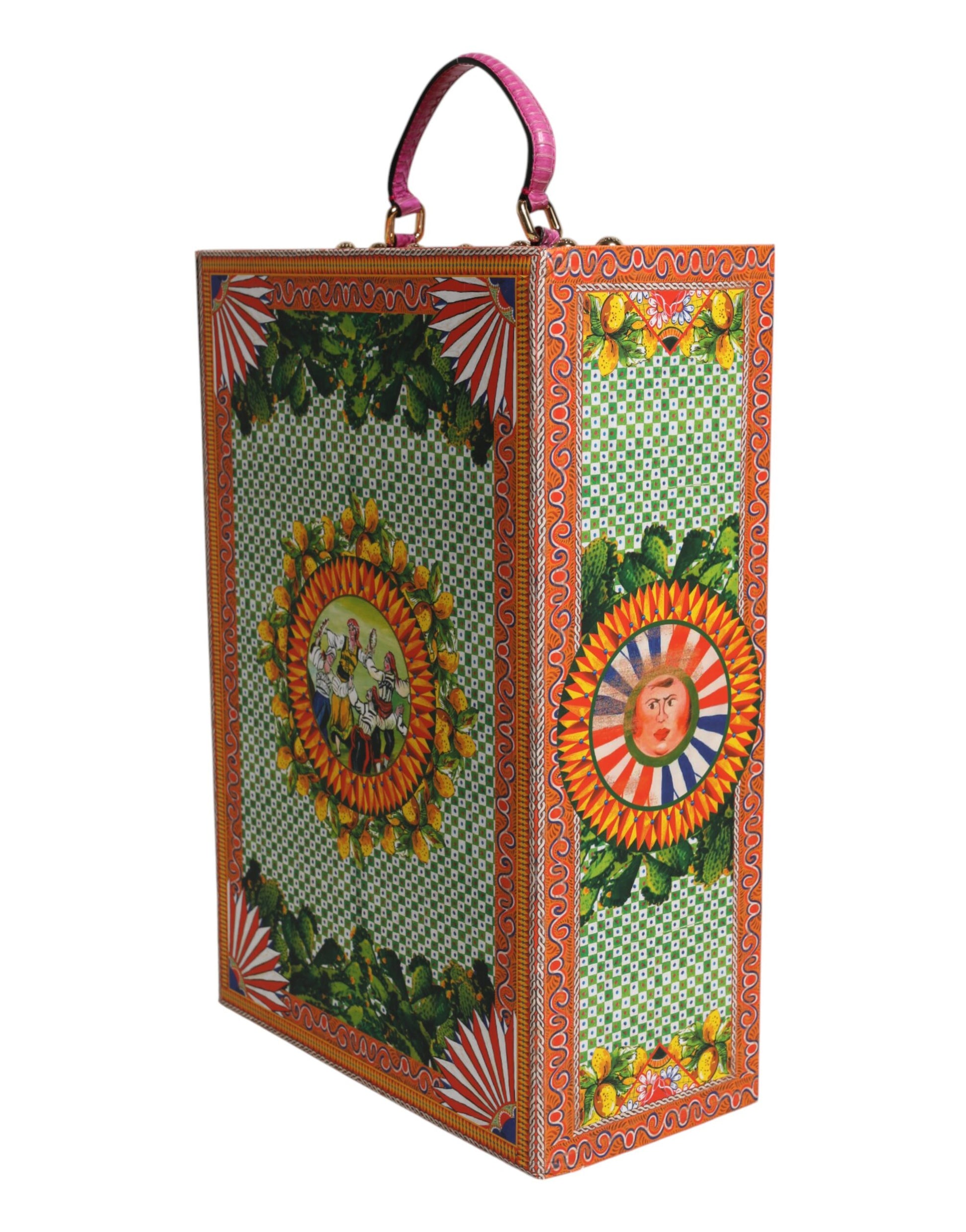 A colorful ceramic box with a floral pattern and a doll inside