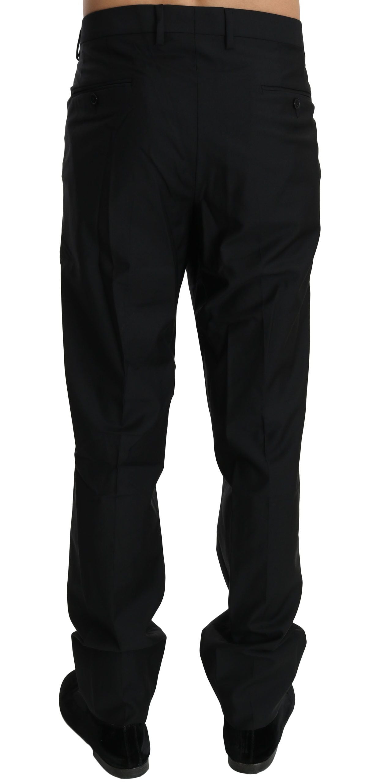 A pair of black wool trousers for men, featuring a slim fit and a formal design