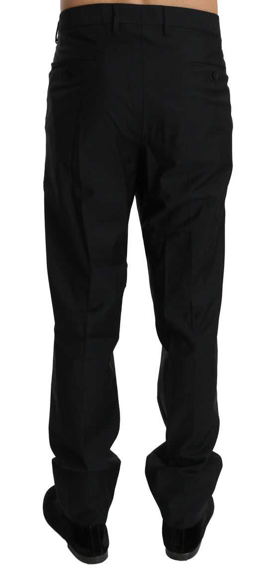 A pair of black wool trousers for men, featuring a slim fit and a formal design