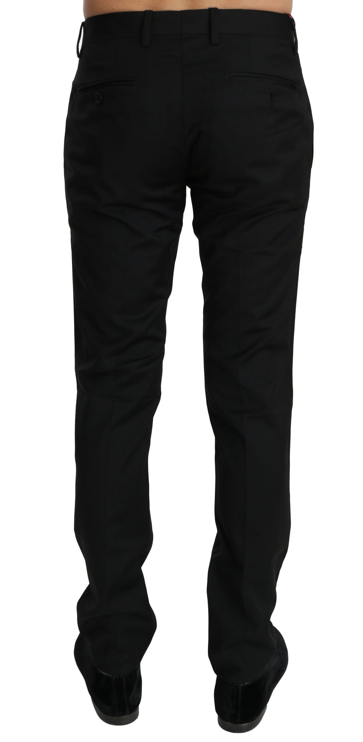 Men's black wool dress pants with a slim fit, featuring a waistband and belt loops
