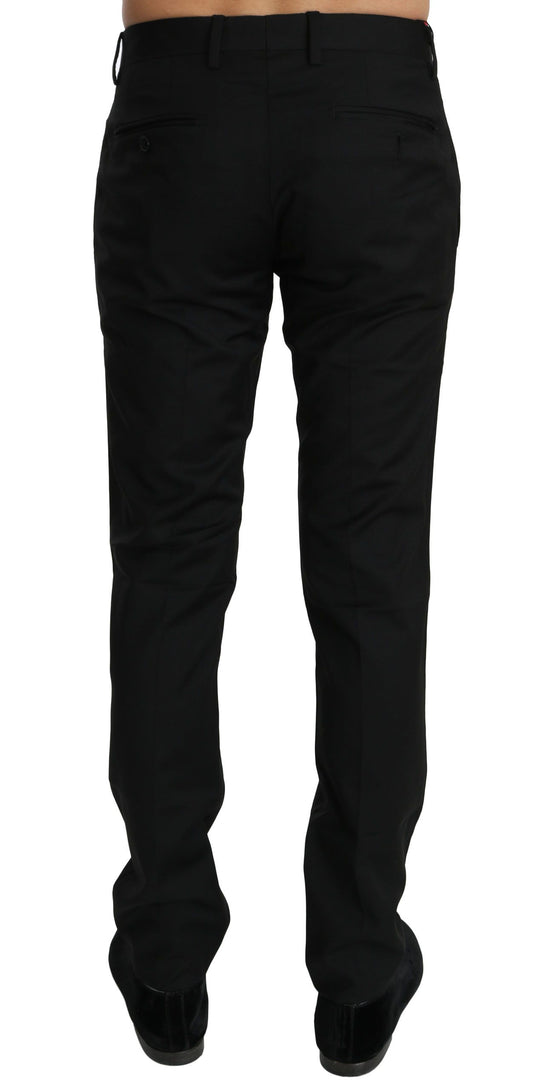 Men's black wool dress pants with a slim fit, featuring a waistband and belt loops
