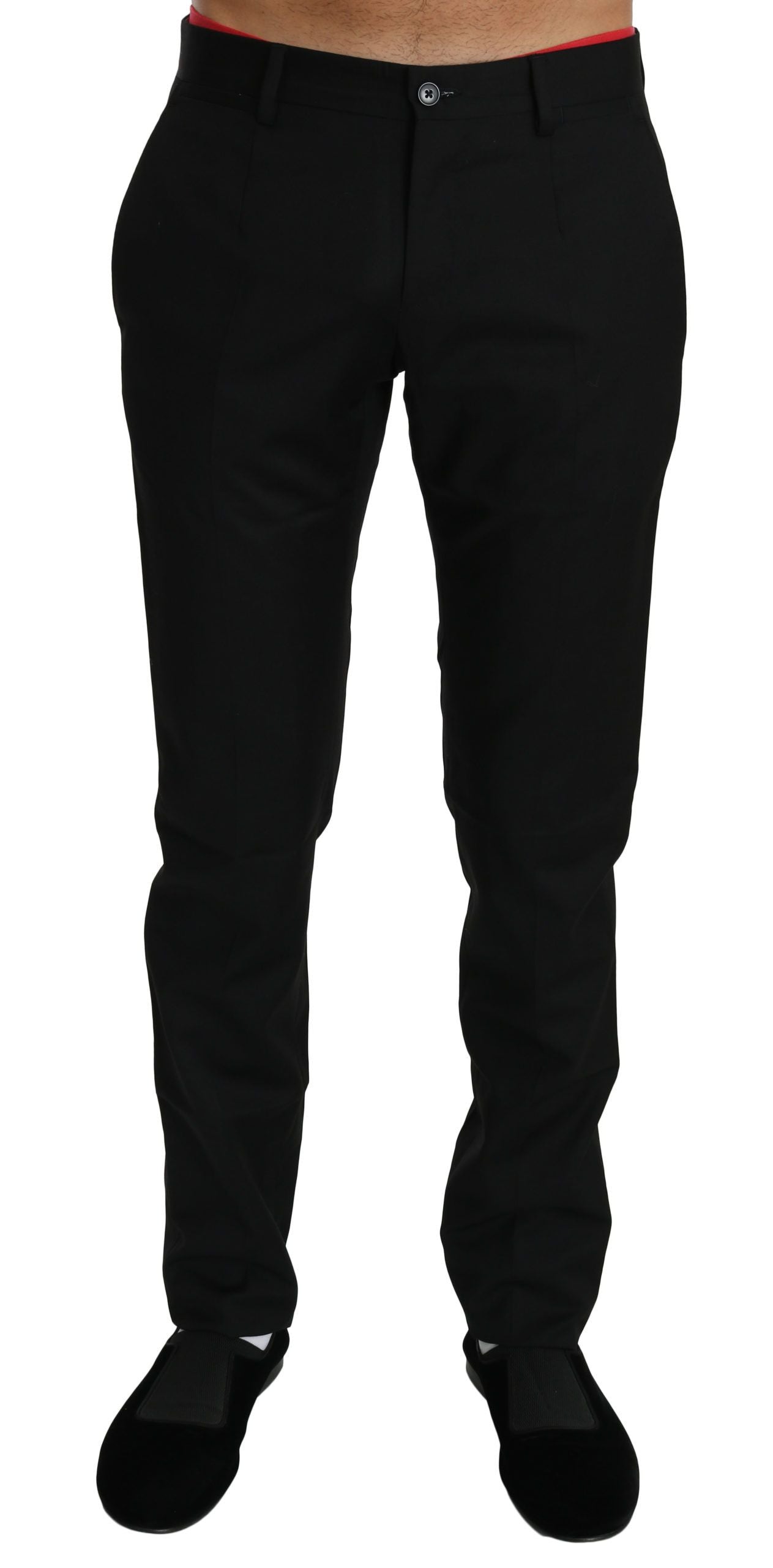 A pair of black wool trousers with a slim fit, designed for formal wear