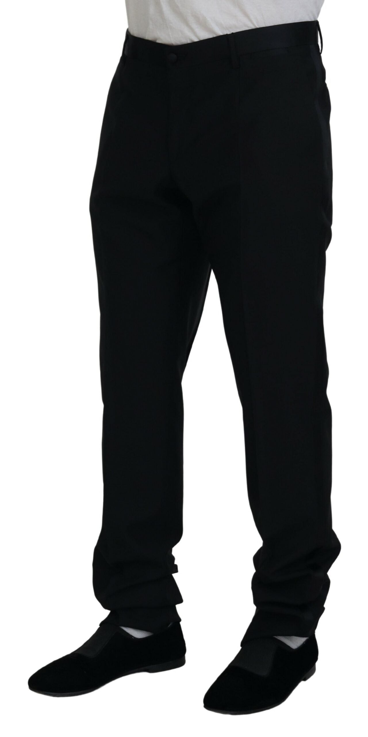 A pair of black dress pants with a wool and silk blend fabric, featuring a slim fit design