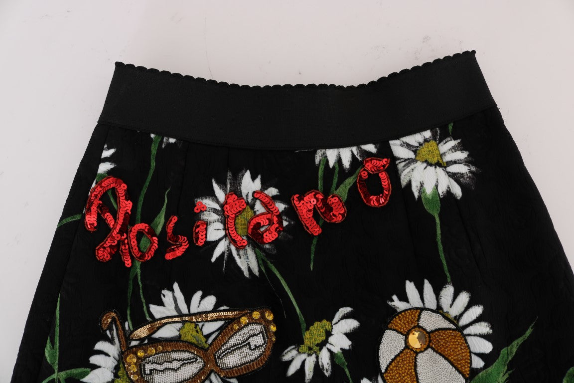 Black skirt with red embroidery featuring a butterfly and flowers