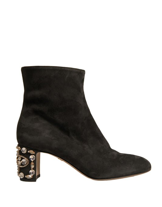 Black suede ankle boot with heel and embellishments