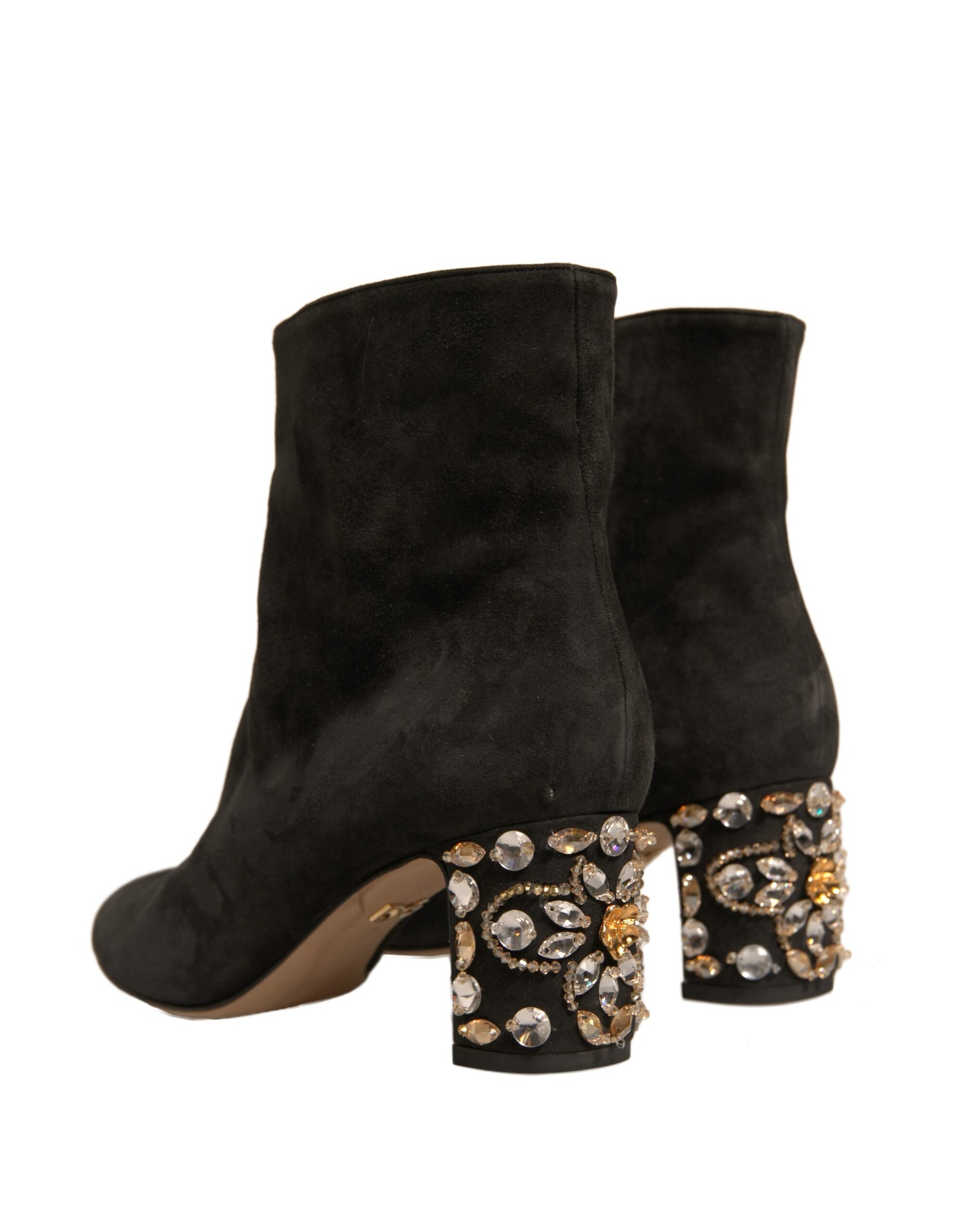Black suede boots with embellished heels