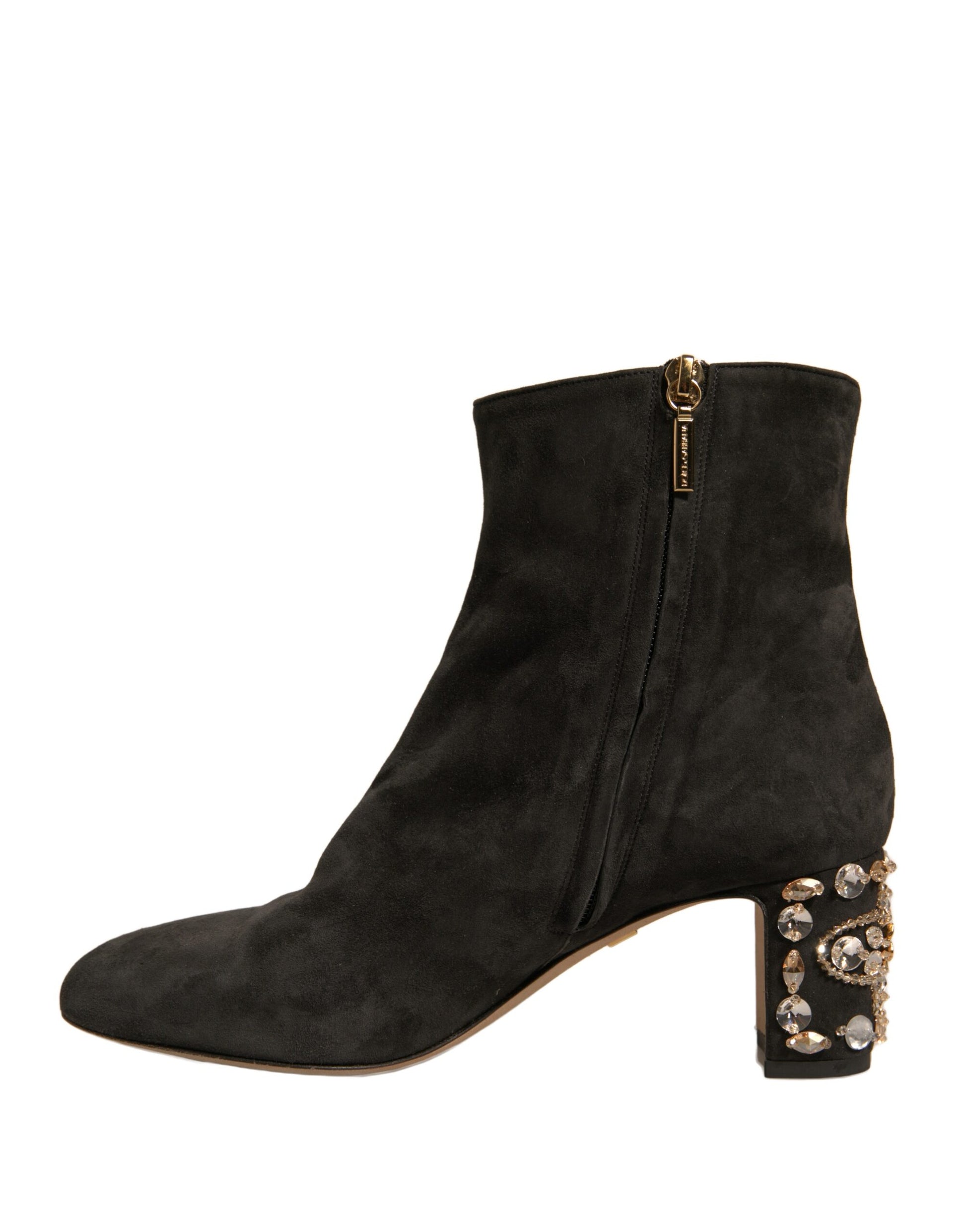 Black suede boot with zipper detailing and embellishments on side
