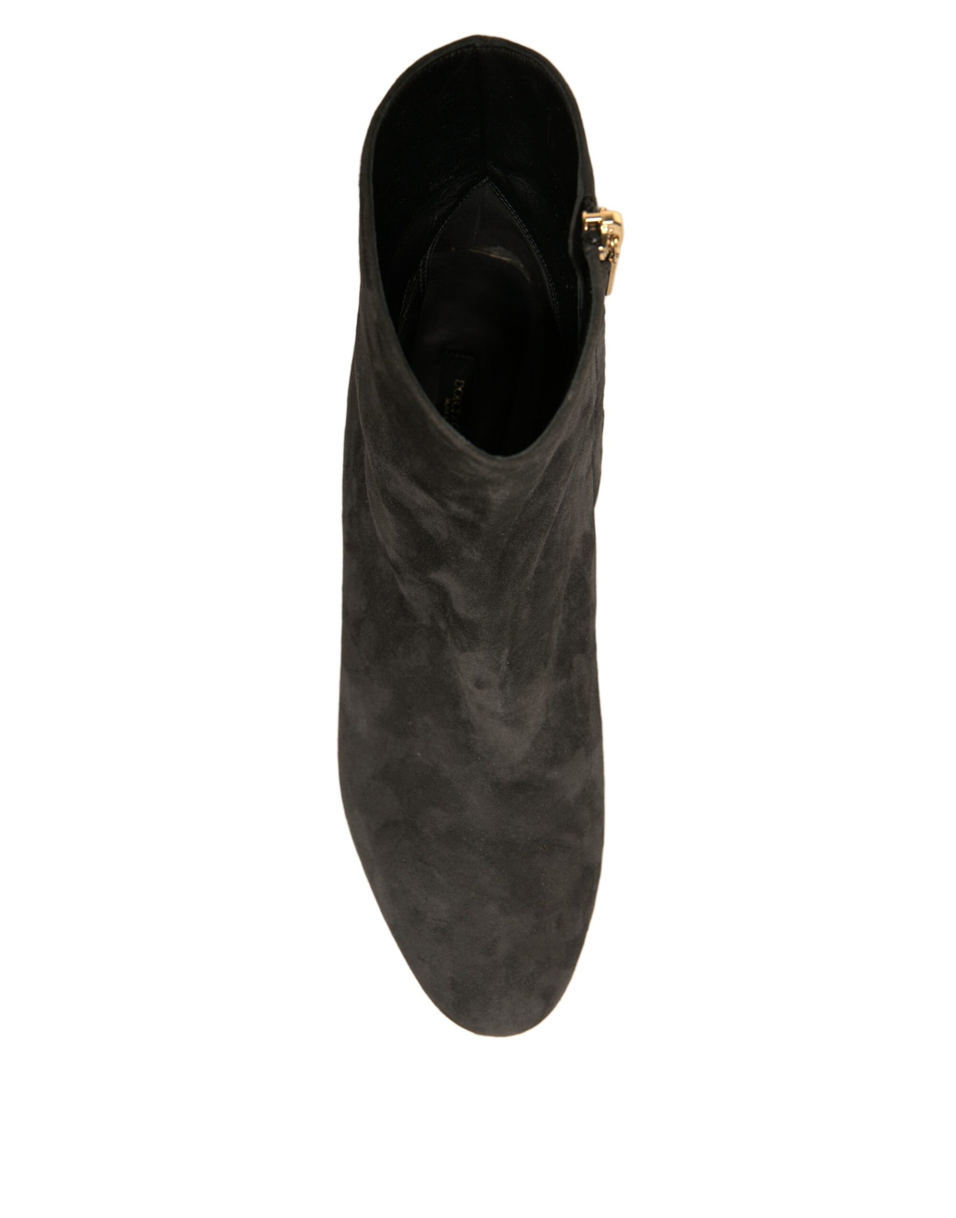 Black suede boot with gold zipper